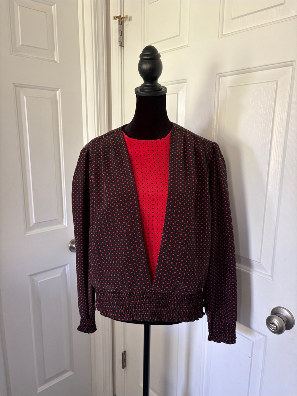 Koret Black Bomber-Style Open Front Blouse with Red and Black Polka Dots
